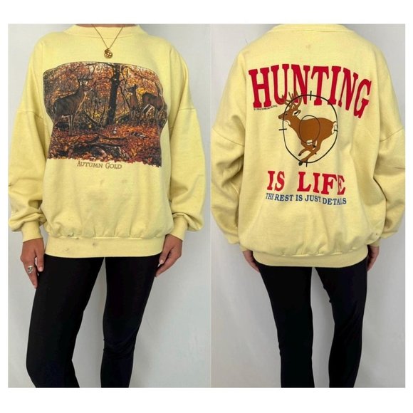 90s vintage yellow nature animal hunting double sided graphic pullover sweater - Picture 1 of 8